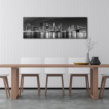 Wieco Art New York Manhattan Night View in Black and White Giclee Canvas Prints Modern Stretched and Framed Art work Cityscape Pictures Paintings on Canvas Wall Art for Bedroom Home Decorations