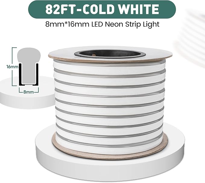 GZBtech Flexible LED Neon Rope Lights 82FT,AC 110-120V Waterproof Strip Light, 120 LEDs/M Cuttable Connectable Neon Lighting for Indoor Outdoor Home Decor/Commercial Building Use-Cold White 25M