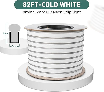 GZBtech Flexible LED Neon Rope Lights 82FT,AC 110-120V Waterproof Strip Light, 120 LEDs/M Cuttable Connectable Neon Lighting for Indoor Outdoor Home Decor/Commercial Building Use-Cold White 25M