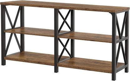 LVB Wood Console Table, Rustic 3 Tier Sofa Table Behind Couch, Industrial Metal Entryway Table with Storage Shelf, Farmhouse Wooden Foyer Hallway Table for Entry Living Room, Rustic Brown, 55 Inch