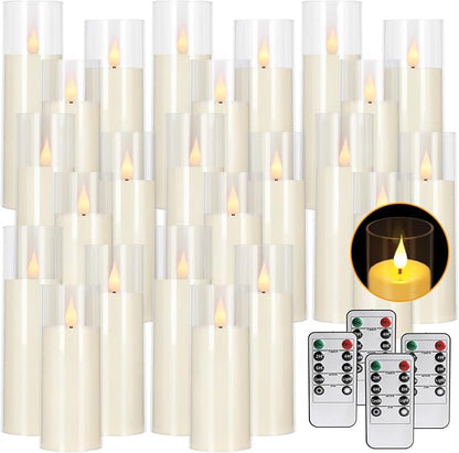 24-Pack Acrylic LED Flameless Pillar Candles with Remote & Timer, Battery Powered - Perfect for Indoor/Outdoor Decor,Wedding,BBQ and Gift - Easily Create a Magical Atmosphere.