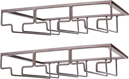 Wine Glass Rack - Under Cabinet Stemware Wine Glass Holder Glasses Storage Hanger 2 Pack Metal Organizer for Bar Kitchen Brown