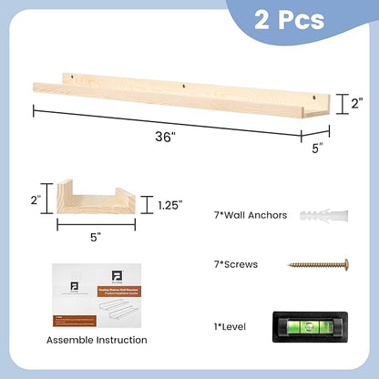 Picture Ledge Shelf for Wall, 36 inch Solid Pine Wood Nursery Book Shelves 2 Packs, Floating Ledge Shelves for Kids' Room Bedroom Bathroom Living Room Photo Frames Office Nursey Wall Decor, Natural