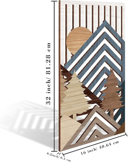 IARTTOP Abstract Mountain Wood Wall Art Large geometric Forest Pine Trees Wooden Wall Decor Boho Sun Nature Landscape Wall Decor for Bedroom Living Room Office-16 x32 Inch Set of 3