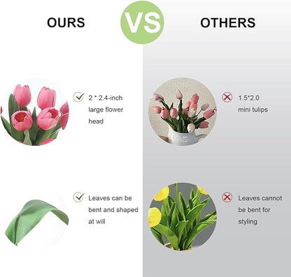 Pink Artificial Tulips, 2 Bundles 14Pcs, Fake Tulips Artificial Flowers, 2 x 2.4 Inch Large Flower Head Big Tulip, Easter Valentine's Day Mother's Day Home Decoration Flowers