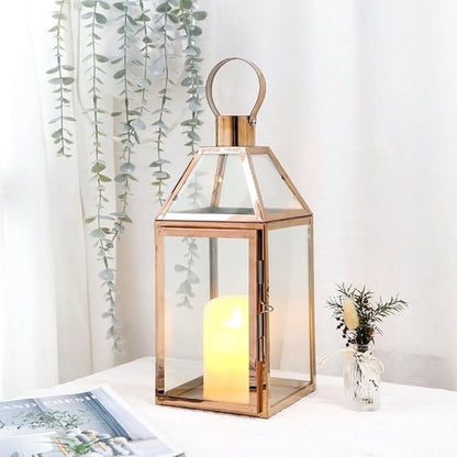 JHY Design Rose Gold Decorative Lanterns 16 inch High Stainless Steel Candle Lanterns with Tempered Glass for Indoor Outdoor Events Parities and Weddings