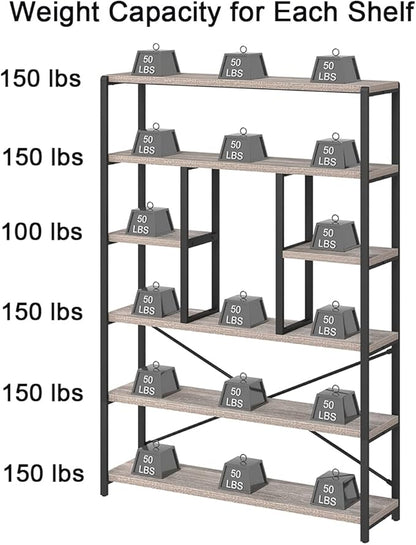 LVB Industrial 6 Tier Bookshelf, Large Tall Open Rustic Vintage Etagere Bookcase, Gray Big Wide Modern Farmhouse Wood and Metal Book Shelf for Home Bedroom Living Room Office Storage, Light Grey Oak