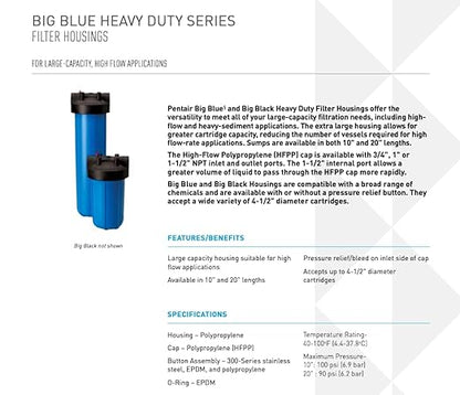 Pentair Pentek 150470 Big Blue Filter Housing, 3/4" NPT #10 Whole House Heavy Duty Water Filter Housing with High-Flow Polypropylene (HFPP) Cap, 10-Inch, Black/Blue