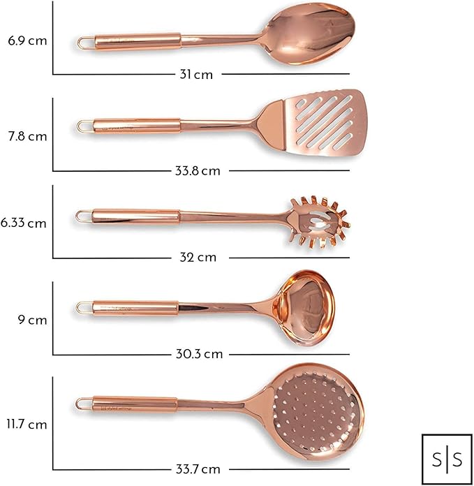 Copper Cooking Utensils Set – 5-Piece Rose Gold Stainless Steel Kitchen Tools for Cooking and Serving Includes Ladle, Spoon, Pasta Fork, Spatula, and Skimmer – Stylish Copper Kitchen Accessories