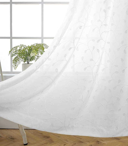 MIUCO Floral Embroidery Semi Sheer Curtains Faux Linen Grommet Window Curtains for Bedroom Living Room 63 Inch Length 2 Panels, Pure White