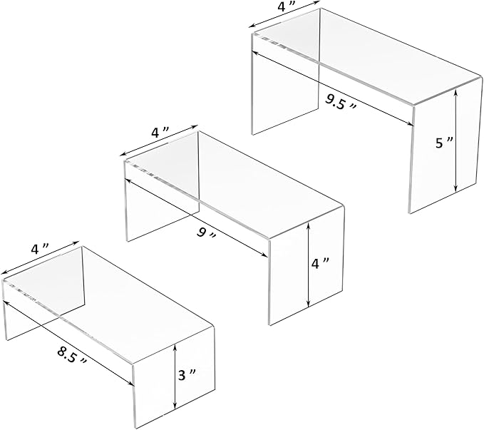 8.5x9x9.5 Inch Acrylic Risers Display Stands 3pcs, Rectangular Display Risers 3 Steps, Clear Acrylic Stand for Brand Store, Retails