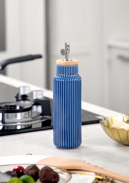Nucookery Ceramic Olive Oil Dispenser Bottle for Kitchen, 14 oz Opaque Vinegar Dispenser Bottle, Large Capacity Cooking Oil Container for Storage Vinegar, Soy Sauce, Coffee Syrup, Blue