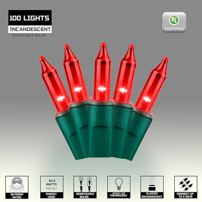100LIGHTS RED Extra-Bright with End Connectors Christmas Decorative Lights 5.98m UL Certified Mini String Light Set Waterproof for Home Garden Holiday Christmas Tree Party Patio Decor Wedding