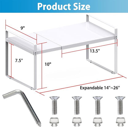 9'' Wide Expandable Cabinet Shelf Organizer Rack Adjustable Length 14''-26'' Pantry Shelf Spice Rack Heavy Duty Nonslip Kitchen Counter Storage Shelves Pantry Cupboard Under Sink Countertop White