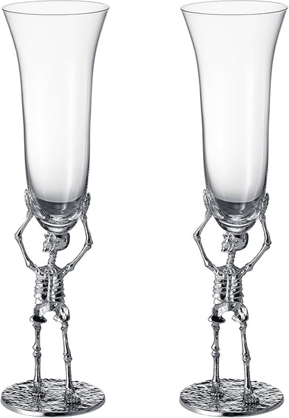 Stemmed Skeleton Champagne Flute Glasses Set of 2 | Gothic Halloween Drinkware | 7.5oz 10" Tall Skeleton Goblets for Haunted Parties, Spooky Wine Glass Set, Gothic Skeleton Decor & Unique Gift Idea