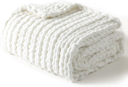 YnM Chunky Throw Blanket, Medium-Weight, Hand Knitted with Chenielle Yarn, Skin Friendly, Ventilated and Breathable, Machine Washable, Home Décor Piece for Couch, Sofa and Bed (White, 40x50 Inch)