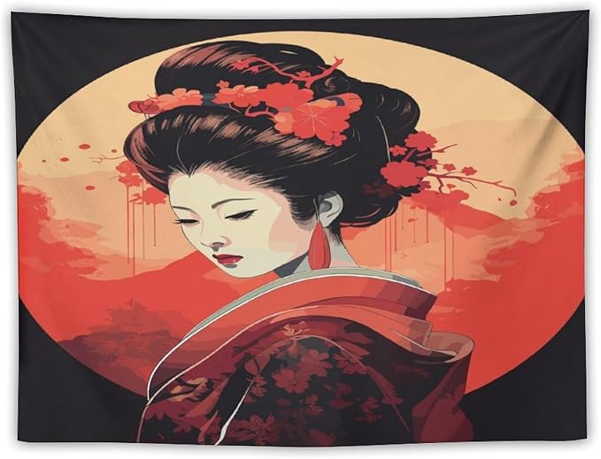 Japanese Woman Geisha Tapestry Asian Cherry Blossom Red Sun Traditional Kimono Folk Tapestries Home Decor for Living Room Bedroom Apartment Farmhouse Dorm 60"x50"