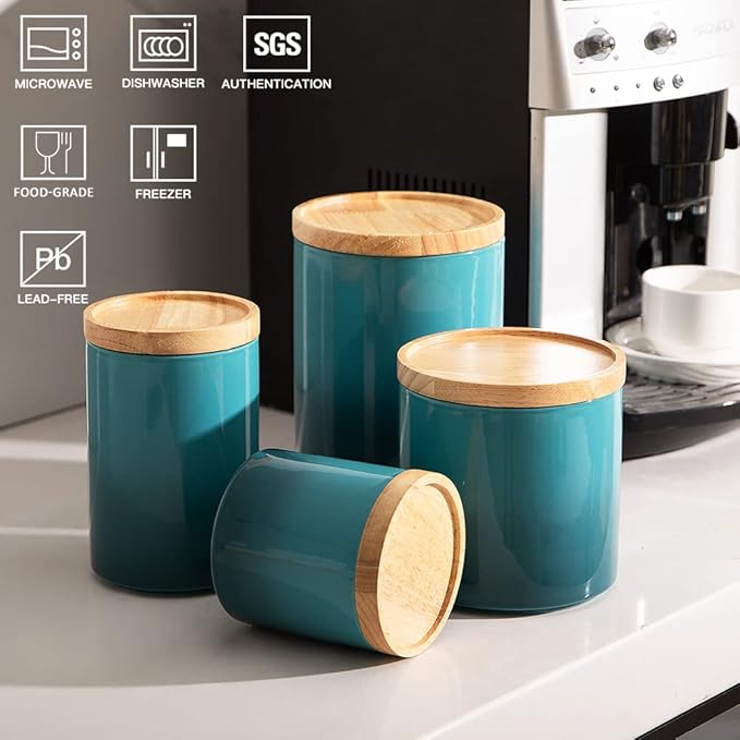 Sweejar Ceramic Food Storage Jar, Stackable Kitchen Canisters, Containers with Airtight Seal Wooden Lid for Serving Ground Coffee, Tea, Sugar, Salt and More - 16 Fl Oz (Gradient Blue)…