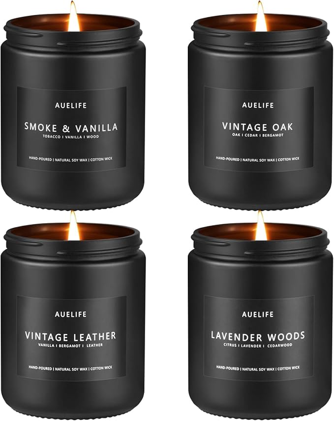 Scented Candles Set | Men Candle Set, Scented Candles for Home, Gifts for Men Aromatherapy Gift Set - 4 Pack Manly Gifts for Dad Fathers Day, Soy Candle of Leather/Smoke & Vanilla/Oak/Lavender