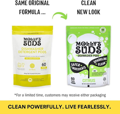 Molly's Suds Dishwasher Pods | Clean Dishwasher Detergent, Cuts Grease & Rinses Clean (Residue-Free) for Sparkling Dishes | 60 Auto-Release Tabs (Citrus)