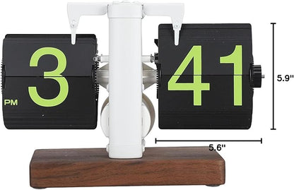 Flip Desk Clock, Retro Vintage Flip Desk Table Clock, Digital Clock Sided Large Numbers Mechanical Flip Clock Wood Base for Living Room, Study Room and Office（Frosted White）