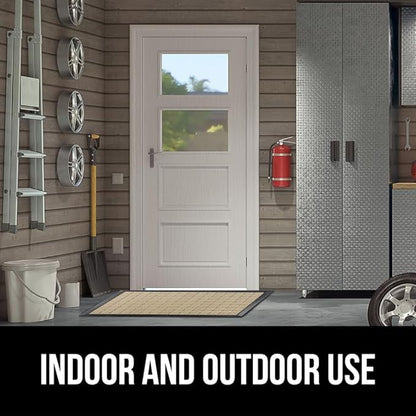 GORILLA GRIP 100% Waterproof All-Season WeatherMax Doormat US Designed Natural Rubber, Stain and Fade Resistant, Low Profile Indoor Outdoor Door Mats, Easy Clean Patio Mat, 17x29, Taupe Grid