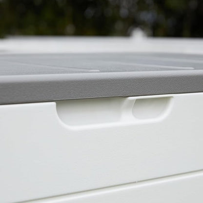 Premium Pro Edition 100 Gallon Lockable Resin Deck Box, Waterproof & UV-Resistant Outdoor Storage Box for Outdoor Cushion Storage, Garden Tools & Pool Accessories Storage, White