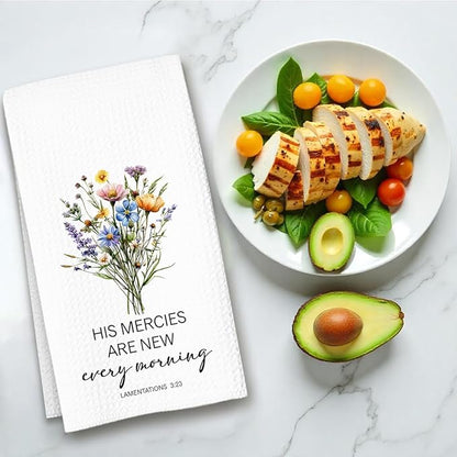 Christian Kitchen Towel, Waffle Weave Microfiber Scripture Hand Towel, His Mercies are New Every Morning Bible Verse Farmhouse Decor for Kitchen Bathroom, Inspirational Gift for Women