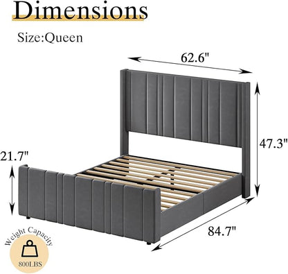HOMBCK Queen Bed Frame Upholstered Bed with Velvet Headboard & Footboard, Vertical Channel Tufted Design/Wooden Slats/Noise Free/No Box Spring Needed/Easy Assembly, Grey
