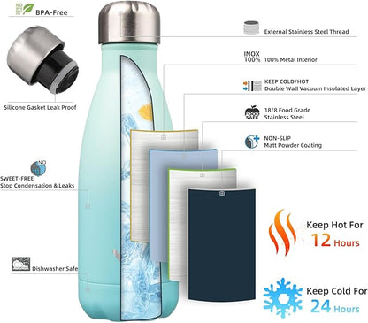 Insulated Water Bottles,12 oz Double Wall Stainless Steel Vacumm Metal Flask for Sports Travel,Mint