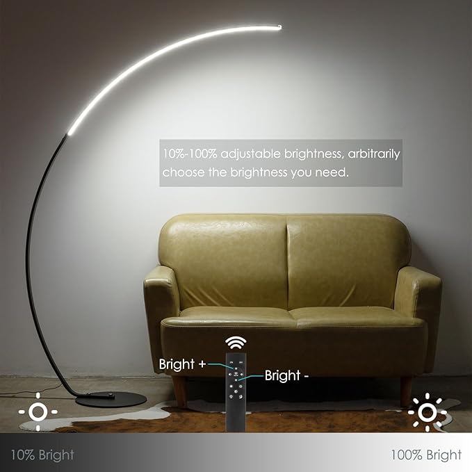 NUÜR Arc Floor Lamp, 67" Tall Black Gold LED Modern Standing Floor Lamp with Remote Control, Arched Bright Floor Lamps for Living Room Bedroom Office Home (Black)