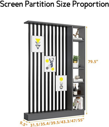 Wall Room Divider, Storage Cabinet Storage Display with Shelves, Modern Freestanding Wood Room Divider Screen, Wall Privacy Screens for Home Decorative (Grey+Black,47" L x 9.5" W x 79.5" H)