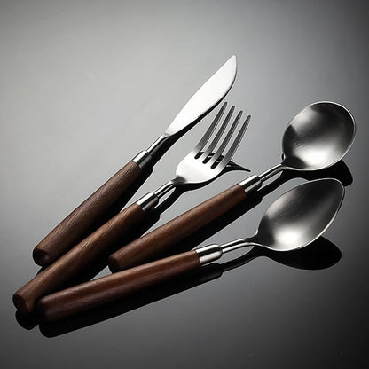 Silverware Set 12 Piece Flatware Cutlery Set Service for 3,18/10 Stainless Steel Forged Walnut Wooden Handle Matte Brushed Dishwasher Safe Premium Durable Utensil Sets for Home Kitchen Wedding