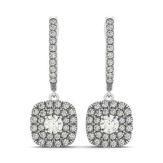 Boucles d'oreilles en or blanc 14 carats, diamants taille coussin en double halo (poids total 0,75 carat)