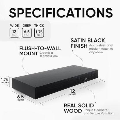 Homeforia Floating Shelf Black 12 inch, High End Solid Real Wood Small 12inch Floating Shelves for Wall Mounted, Black Wooden 12 in Floating Shelves, Heavy Duty Bracket, 12 X 6.5 X 1.75 inch, Set of 4