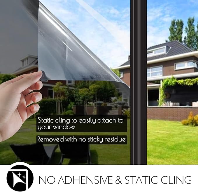 HIDBEA One Way Privacy Window Film, Daytime Mirror Reflective Heat Control UV Sun Blocking Non-Adhesive Static Cling Window Tint for Home and Office(Black-Silver, 45.2 Inch x 6.5 Feet)