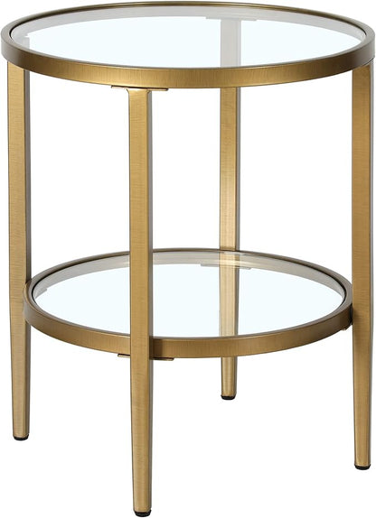 Henn&Hart 20" Wide Round Side Table with Glass Shelf in Antique Brass, Table for Living Room, Bedroom