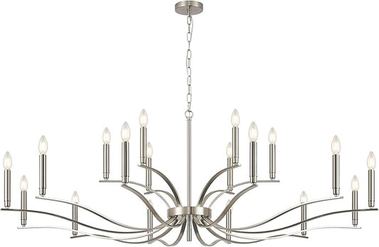 18 Light Nickel Living Room Chandelier High Ceiling Foyer Candle Chandelier Large Modern 59in Metal Chandeliers Hanging Light for Master Bedroom Dining Room Light Fixture Over Table
