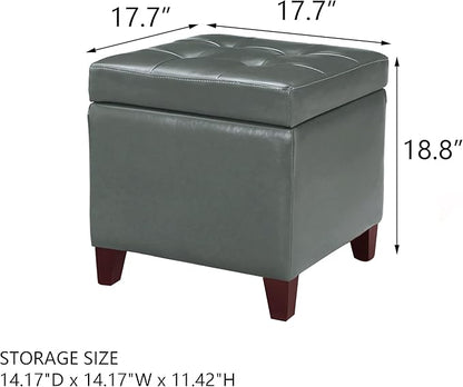 Adeco Bonded Leather Square Tufted Cubic Cube Storage Footstool, 18" Inch Ottomans & Storage Ottomans, With Lid, Dim Gray