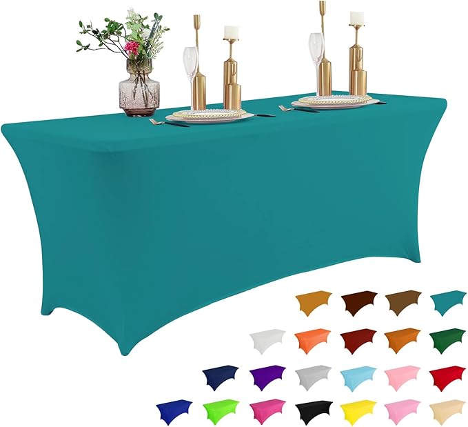 IVAPUPU 6FT Table Cloth for Rectangular Fitted Events Stretch Lake Blue Table Covers Washable Cover Spandex Tablecloth Protector for Party, Wedding, Cocktail, Banquet, Festival