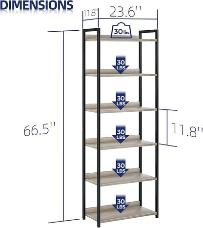 NUMENN Bookshelf, 6 Tier Bookshelves, Home Office Bookcase Shelf Storage Organizer, Free Standing Storage Shelving Unit for Bedroom, Living Room and Home Office, Grey