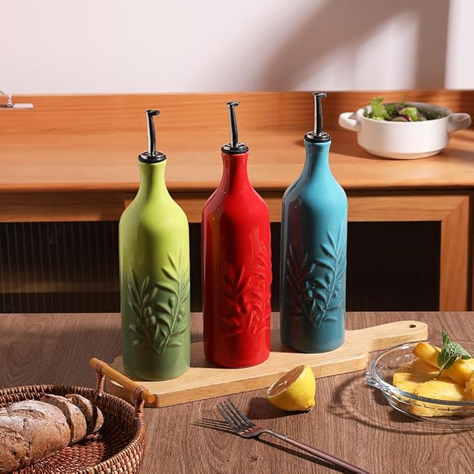 Sweejar Large Ceramic Olive Oil Dispenser Bottle, 24 Oz Relief Opaque Oil Cruet Protects Oil To Reduce Oxidation, Storage Vinegar, Soy Sauce, Coffee Syrup, Liquids, Set of 1 (Gradient Green)