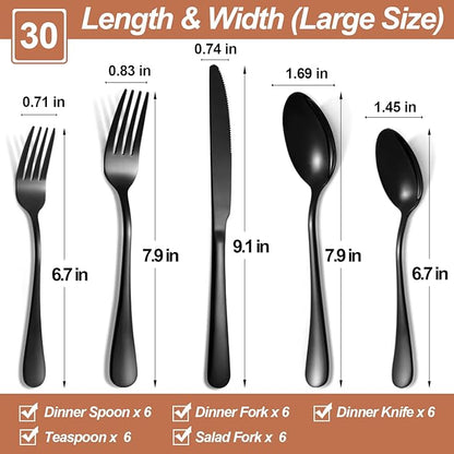 Lazycorner 30 Pcs Black Silverware Set for 6, Mirror Polished Flatware Set Stainless Steel Fork Knife Spoon, Food Grade Eating Utensils Sets, Reusable Silverwear Cutlery Set, Dishwasher Safe
