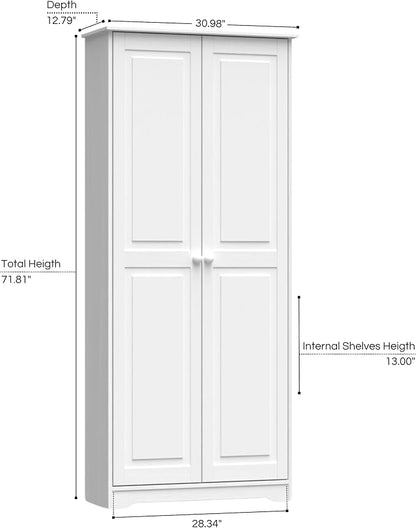 Pantry Cabinet Storage Cabinet with 2 Doors Solid Wood - Adjustable Shelves for Kitchen, Dining Room, or Utility Room Organization
