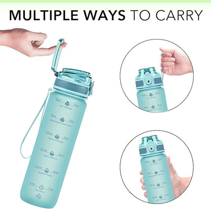 32oz Motivational Water Bottles with Time Marker & Fruit Strainer, Transparent Gradient Color Water Bottle with Times to Drink, Leakproof & BPA Free, Reusable Bottle with Strap (No Straw)