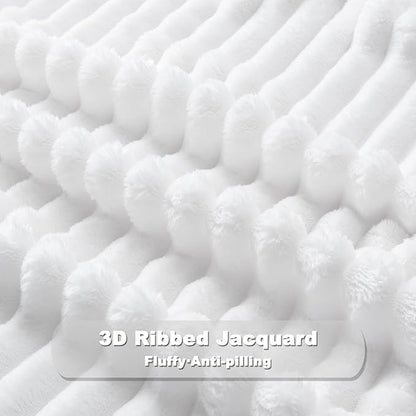 NEWCOSPLAY Super Soft Twin Blanket White Premium Silky Flannel Fleece 3D Ribbed Jacquard Lightweight Bed Blanket All Season Use (White Ribbed, Twin(60"x80"))