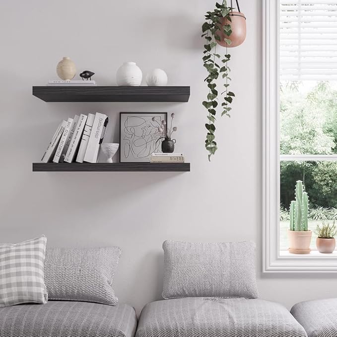Floating Shelf, Set of 2 Wall Shelf, 24 in W x 12.75 in D x 2 in H Wooden Floating Wall Shelf with Invisible Brackets for Living Room/Bedroom/Bathroom/Kitchen Storage and Decor, Black Wood