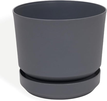 Elly Décor 12 inch Plastic Cylinder Planter Pot with Self-Watering Saucer and Drainage Hole,Lightweight & Extremely Durable, 12"x 12", Gray