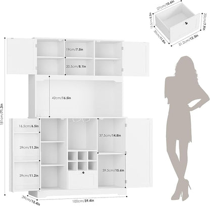 FINETONES 71" Pantry Cabinet with 7-Color LED Light and Charging Station, Kitchen Pantry Cabinet with Microwave Stand, Kitchen Hutch Food Storage Cabinet with Outlet and Wine Racks, White