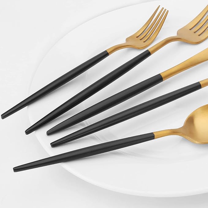 Matte Gold Silverware Set with black handle, Vanys 20 Piece Stainless Steel Cutlery Flatware Set, Kitchen Utensil Sets for 4, Tableware With Knife Spoons And Forks Set, Satin Finished Polished